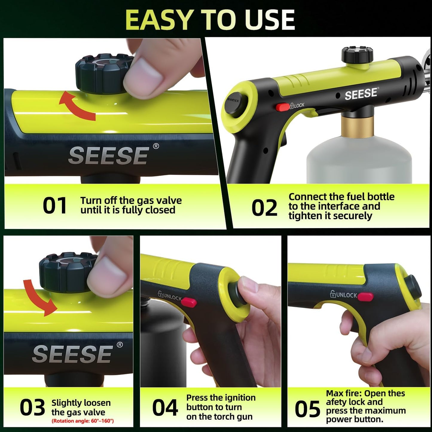 Propane Torch(Propane Tank Not Included) - One-Touch Ignition & Adjustable Max Power Flame for BBQ, Searing & Outdoor Fire Starting