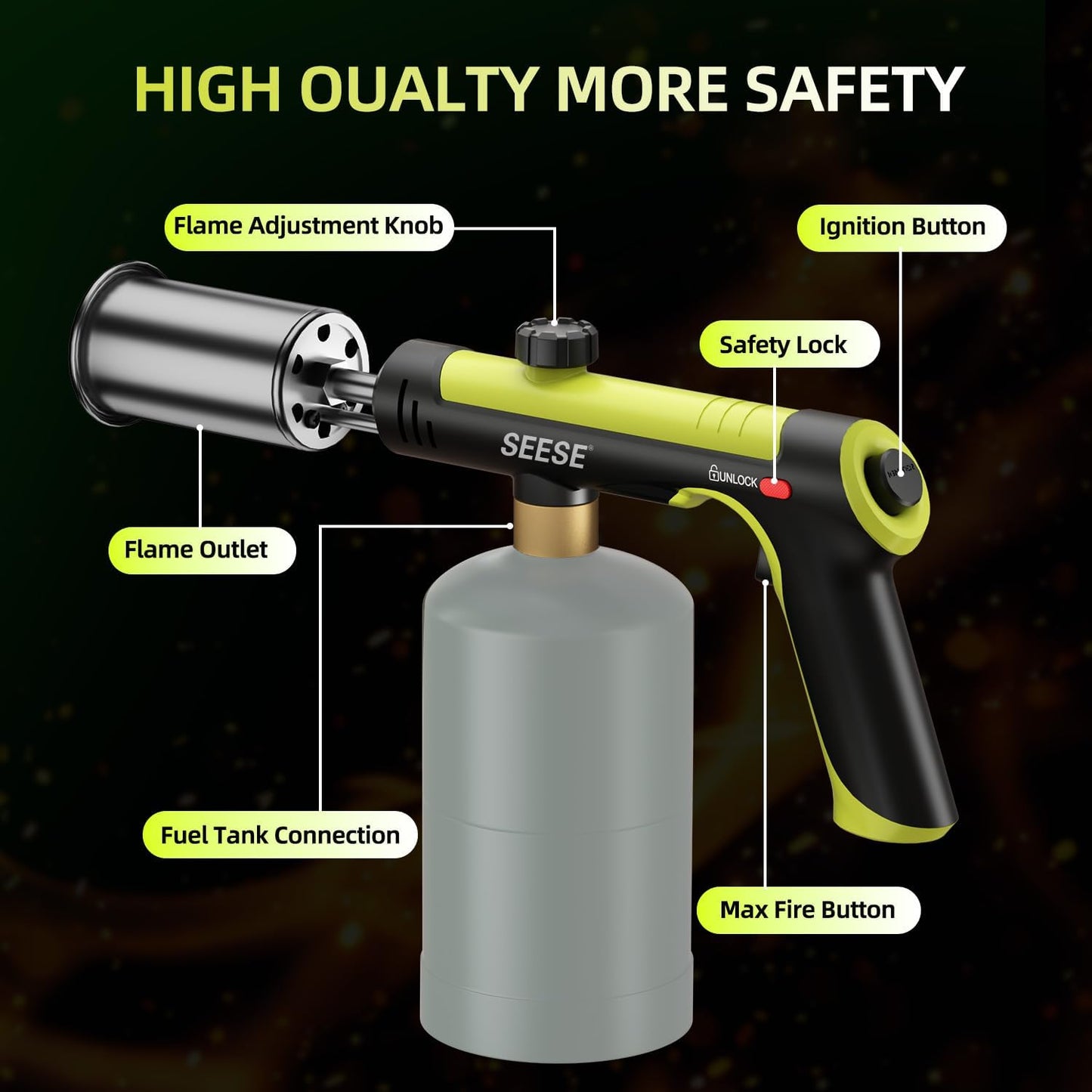 One-touch propane torch with adjustable flame control for charcoal, campfires, BBQ, and outdoor cooking